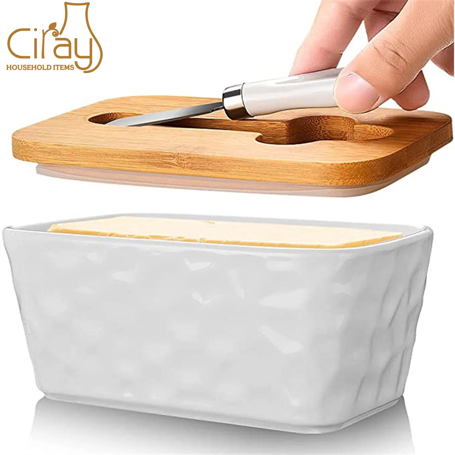 Stone Pattern Ceramic Butter Dish with Cover Porcelain Butter Box with Knife
