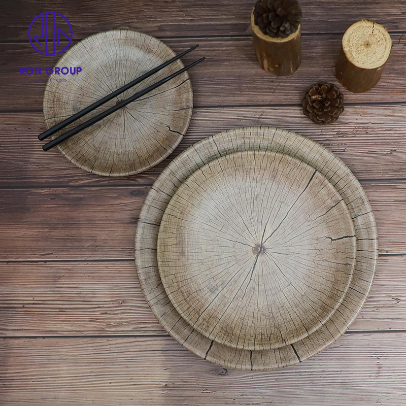 Wholesale Tableware Melamine Dish Japanese Korean Style Ancient Wood Pattern Plate for Hotel Restaurant