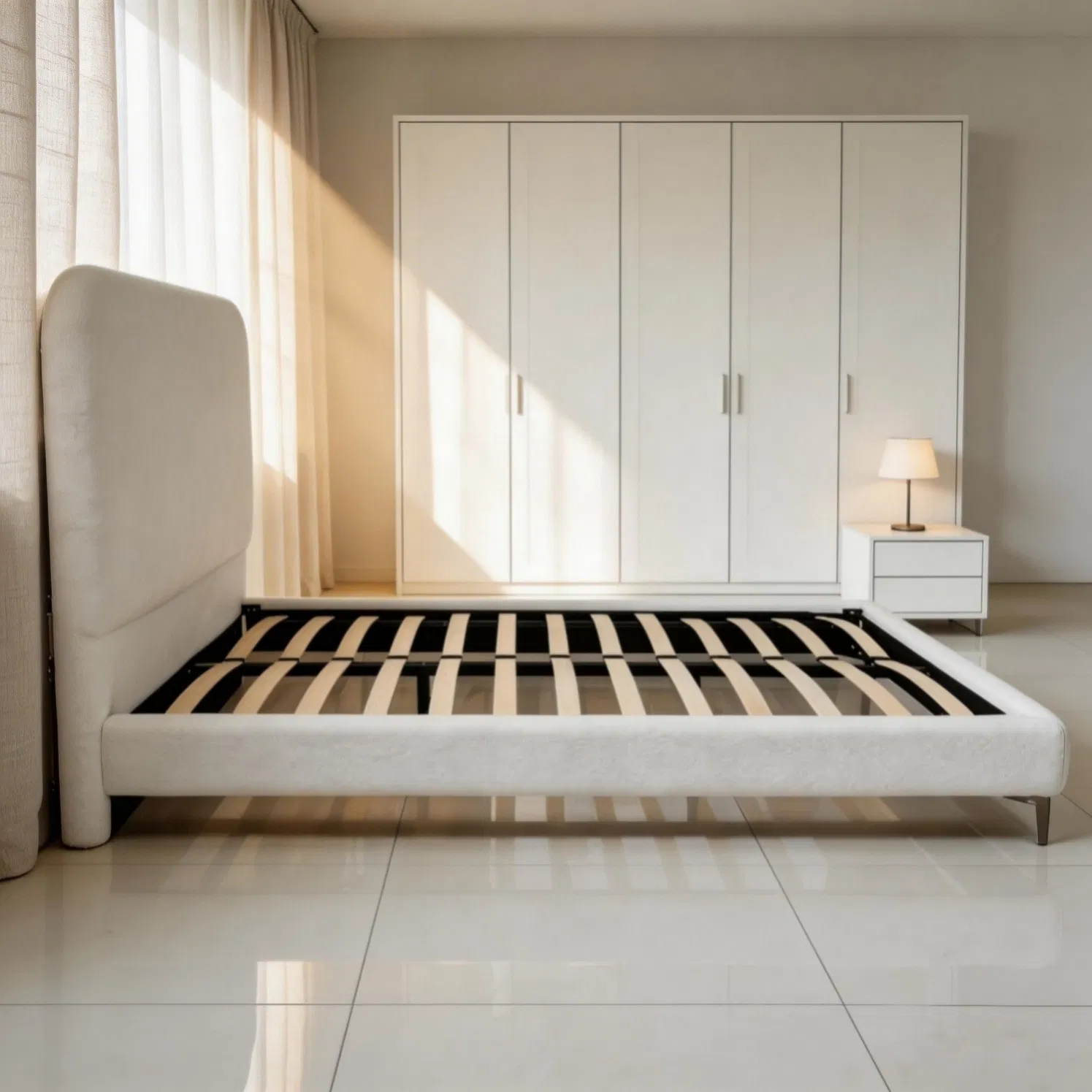 Sophisticated Textured Upholstered Bed Blends Soft Fabric with Sleek Structural Elements