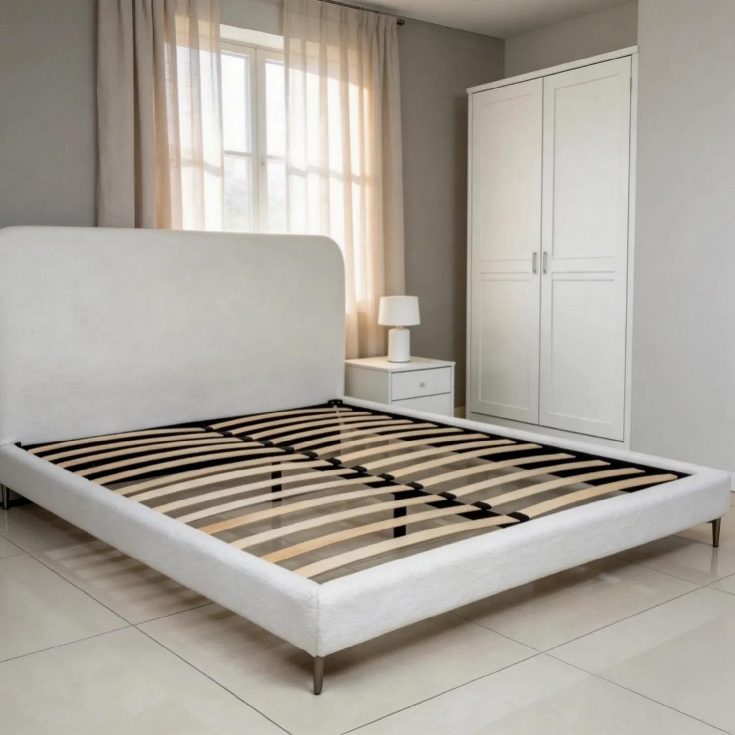 Sophisticated Textured Upholstered Bed Blends Soft Fabric with Sleek Structural Elements