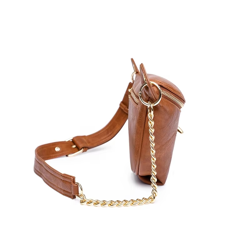 Wholesale Women's Fashion Faux Leather Waist Bag Brown Chain Adjustable Strap Stylish Bum Bag for Daily Use European American Retro Style Zipper Closure