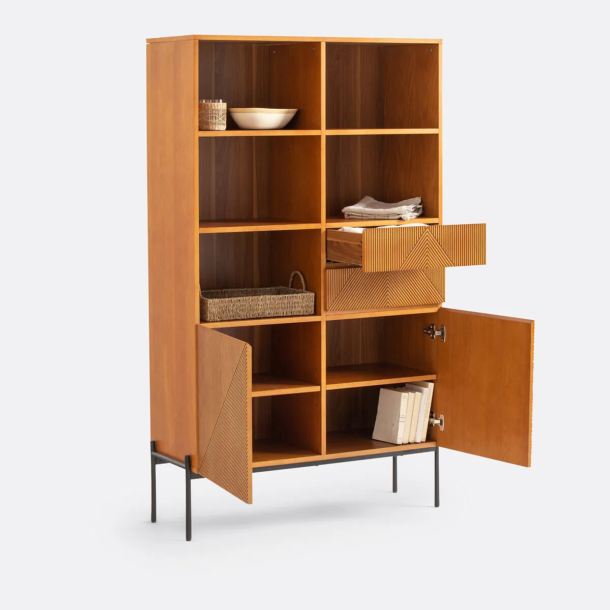 Elegant Display &amp; Storage Unit Constructed From Solid Wood with Handcrafted Rattan Fronts &amp; Clean Lines for Luxurious Living Room or Office