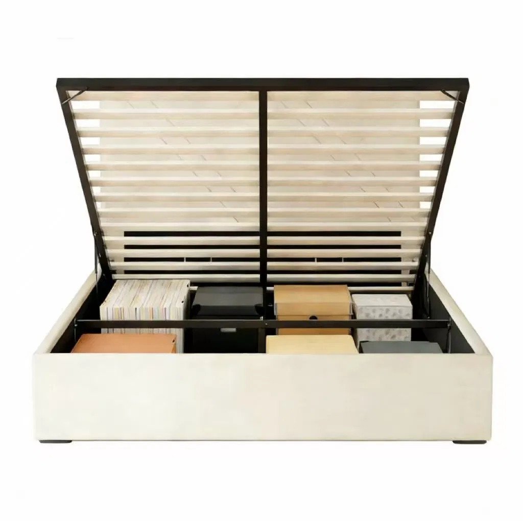 Minimalist Double Bed with Beige Leather Vertical Strip Upholstery