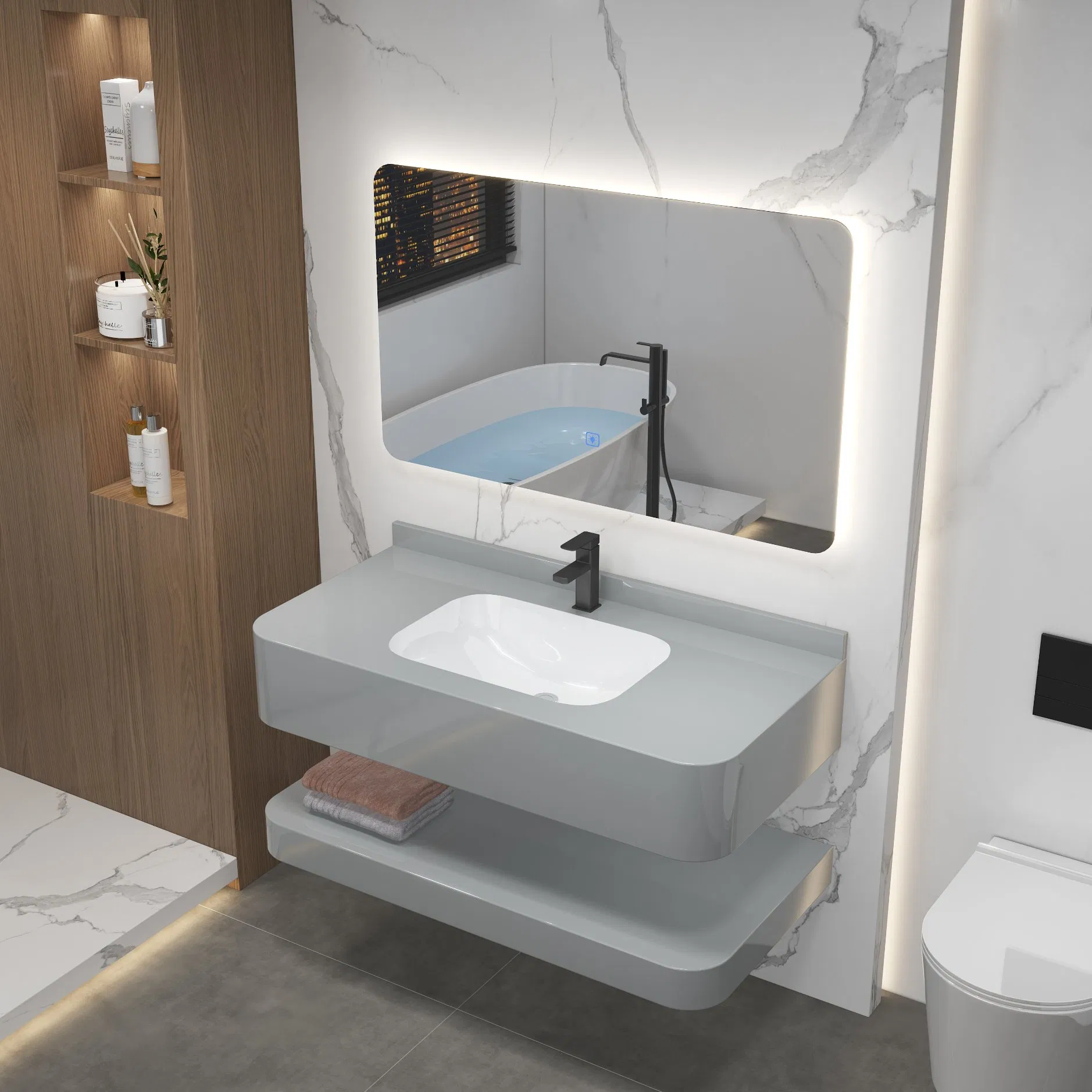 Modern Popular Design Rock Plate Mirror Sink Bath Cabinets Floating Bathroom Vanity