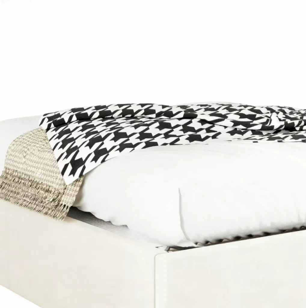 Minimalist Double Bed with Beige Leather Vertical Strip Upholstery