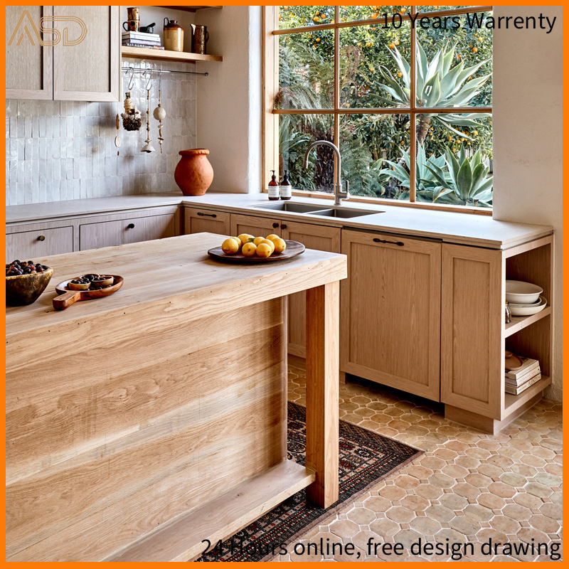 Custom Rustic Style Storage Cabinet Shaker Stained Cherry Modern Kitchen Cabinet with Conceals Refrigerator