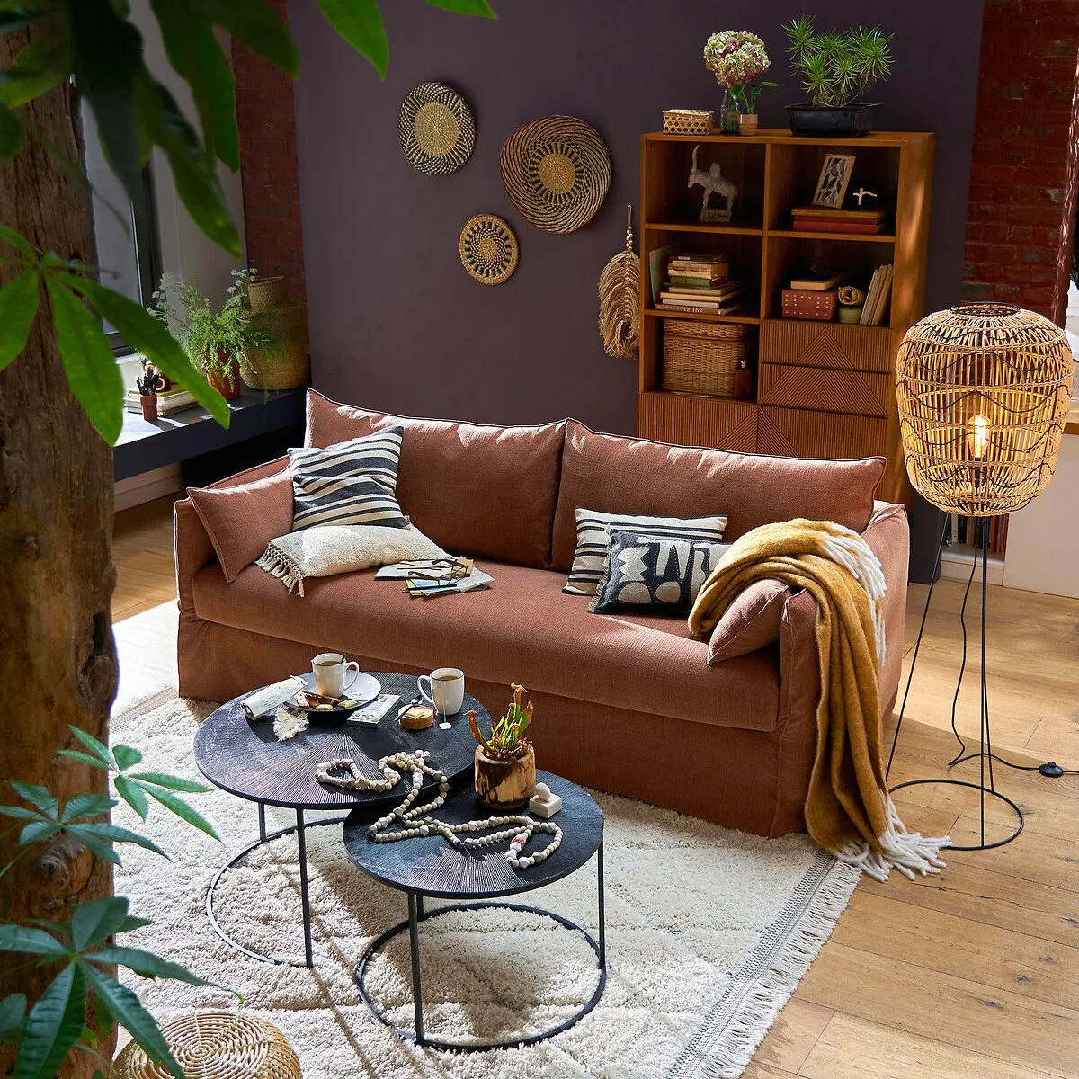 Scandinavian Open Display Storage Shelf Unit Made of Solid Wood with Natural Oak Finish &amp; Woven Rattan Baskets for Modern Apartment or Study Organization