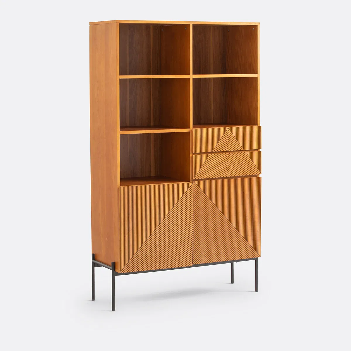 Scandinavian Open Display Storage Shelf Unit Made of Solid Wood with Natural Oak Finish &amp; Woven Rattan Baskets for Modern Apartment or Study Organization