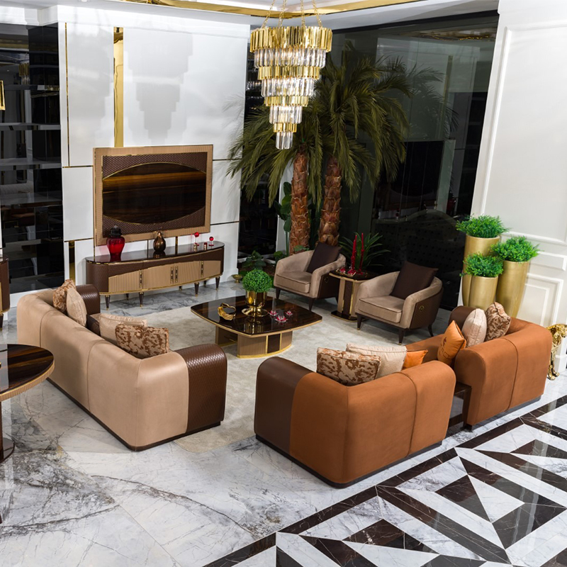 Modern Living Room Luxury Sofa in Fabric and Leather Mixed Upholstery for Home in 3 2 1 1 Seater