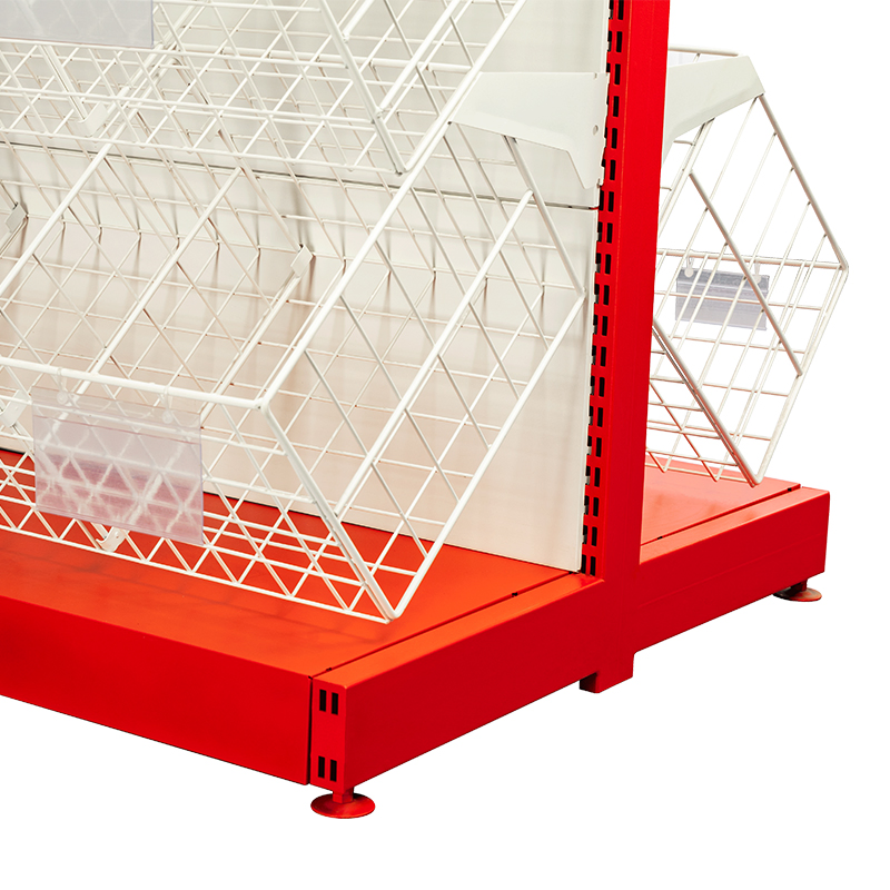 Double-Sided L-Shaped Basket Shelving Unit for Retail Display with Slanted Design and Modular Assembly
