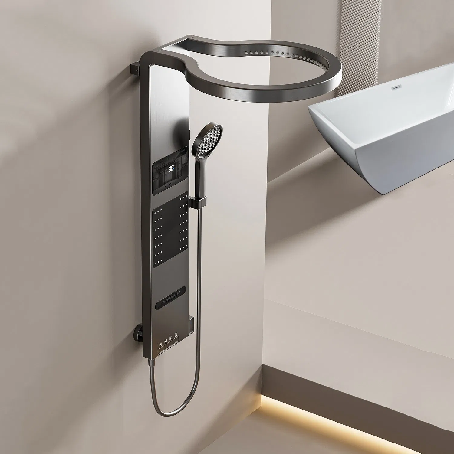 Premium Grey Aluminum Shower Tower - Wall Mounted Rainfall System with LED &amp; Waterfall Jets