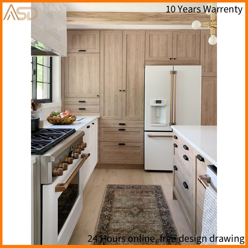 Custom Rustic Style Storage Cabinet Shaker Stained Cherry Modern Kitchen Cabinet with Conceals Refrigerator