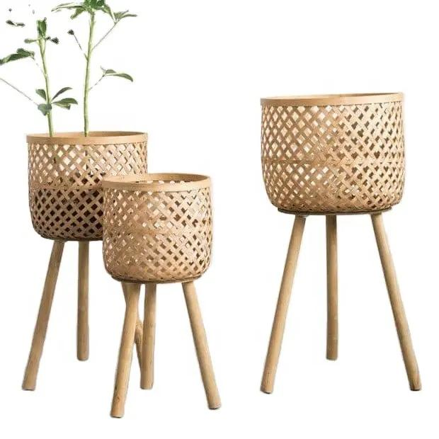 Outdoor Decorative Flower Pot Stands Natural Bamboo Rattan Planter Stands Garden Accessories