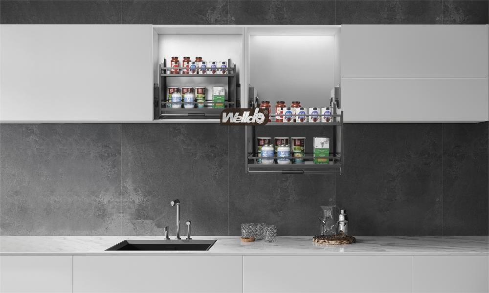 Modular Kitchen Hanging Cabinet Pull Down Two Tier Storage Shelf