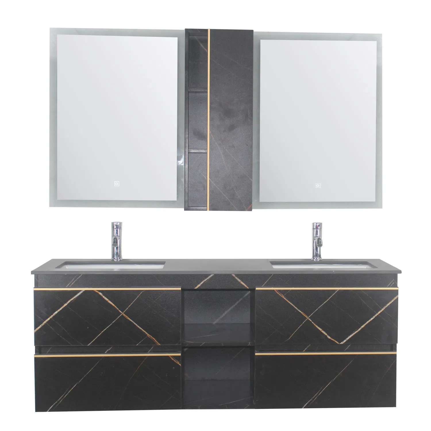 2024 New Arrival Modern Gray Sintered Stone Bathroom Vanity LED Mirror Cabinet Combo
