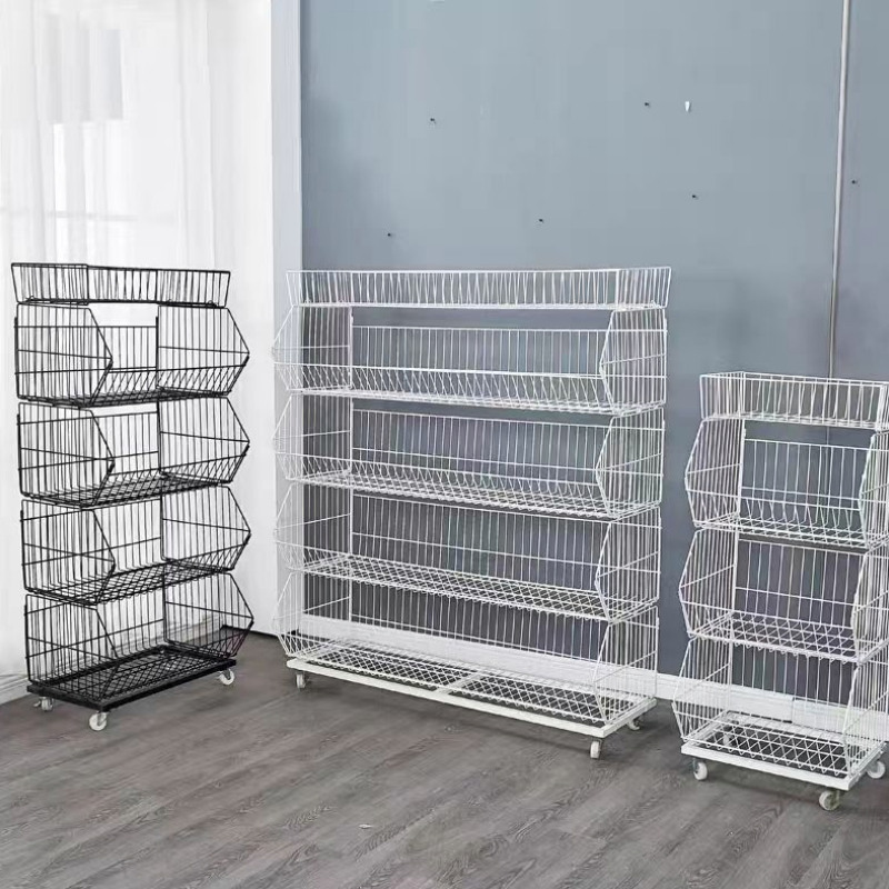 Metal Four-Tier Beveled Basket Bakery Shelving Unit for Supermarkets and Convenience Stores