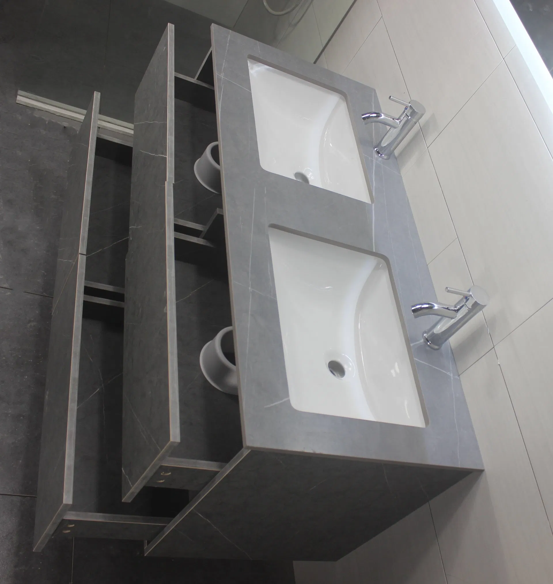 2024 New Arrival Modern Gray Sintered Stone Bathroom Vanity LED Mirror Cabinet Combo