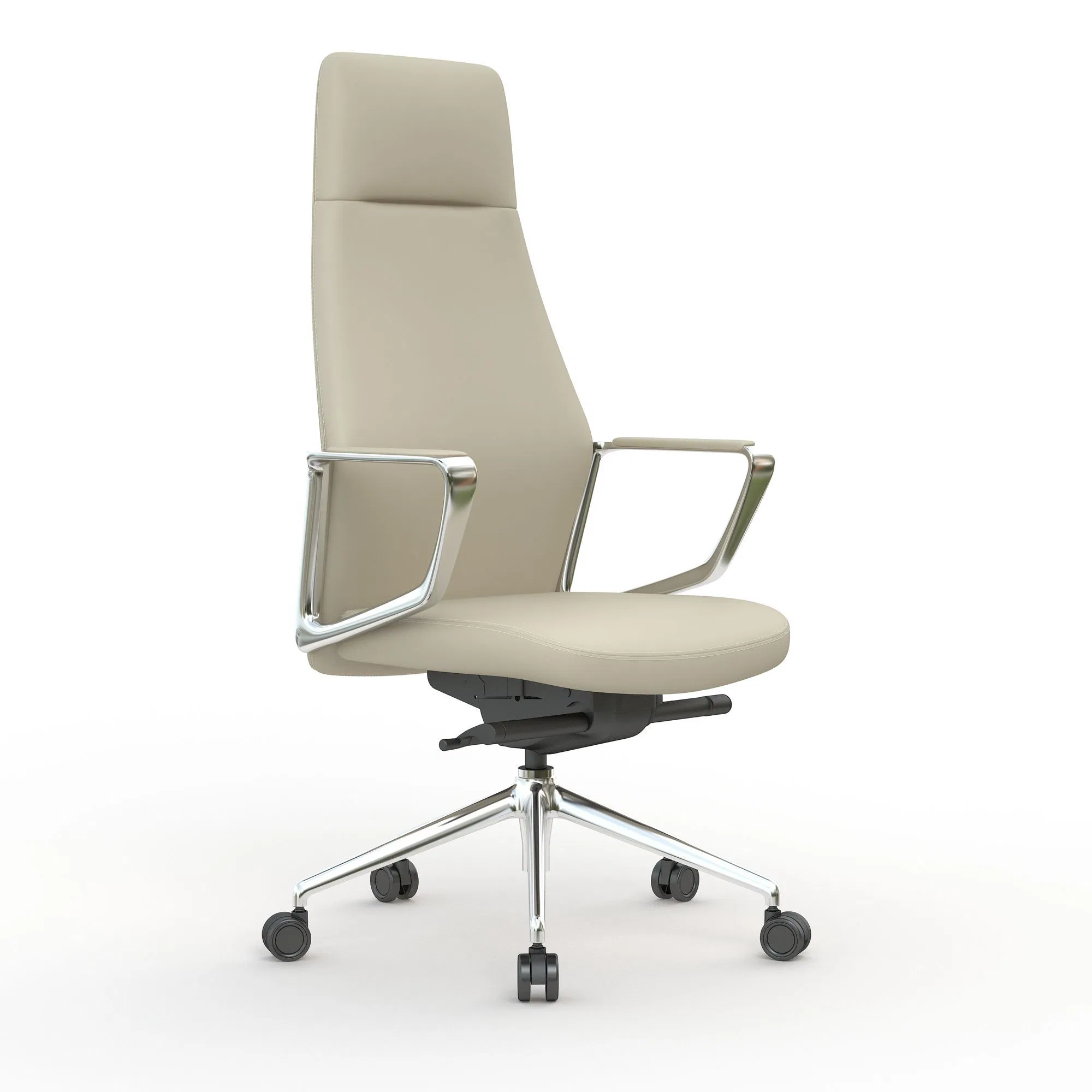 High-Back Beige Leather Executive Office Chair with Chrome Base