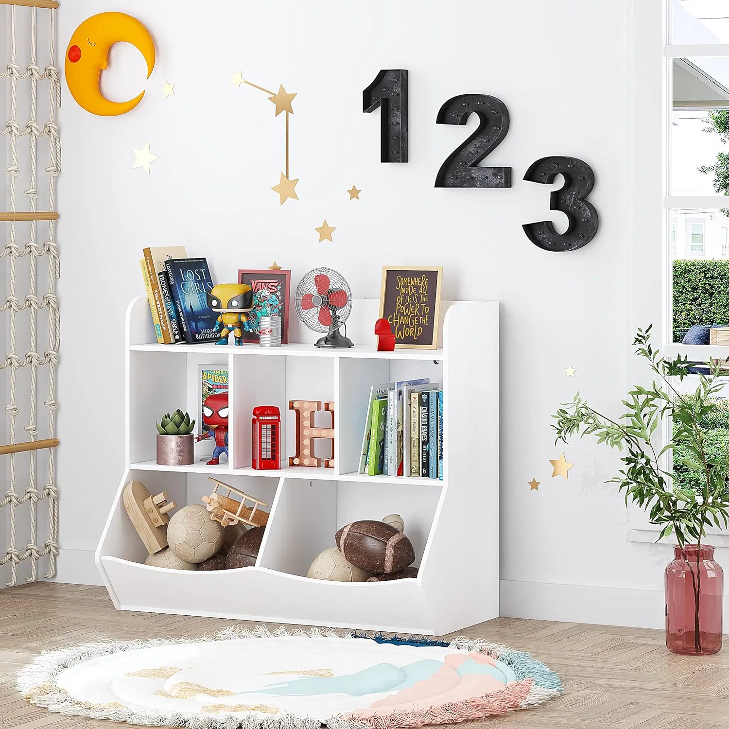 Ergonomic Low-Profile Primary School Classroom Library Rack Including Integrated Side Cupboards and Modular Toy Storage Trays Kids Bookshelf