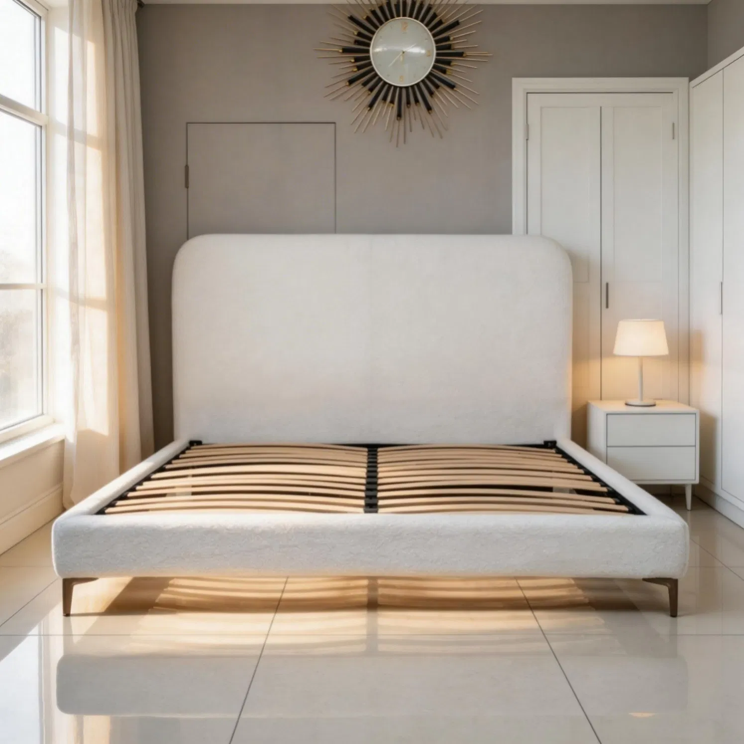 Sophisticated Textured Upholstered Bed Blends Soft Fabric with Sleek Structural Elements