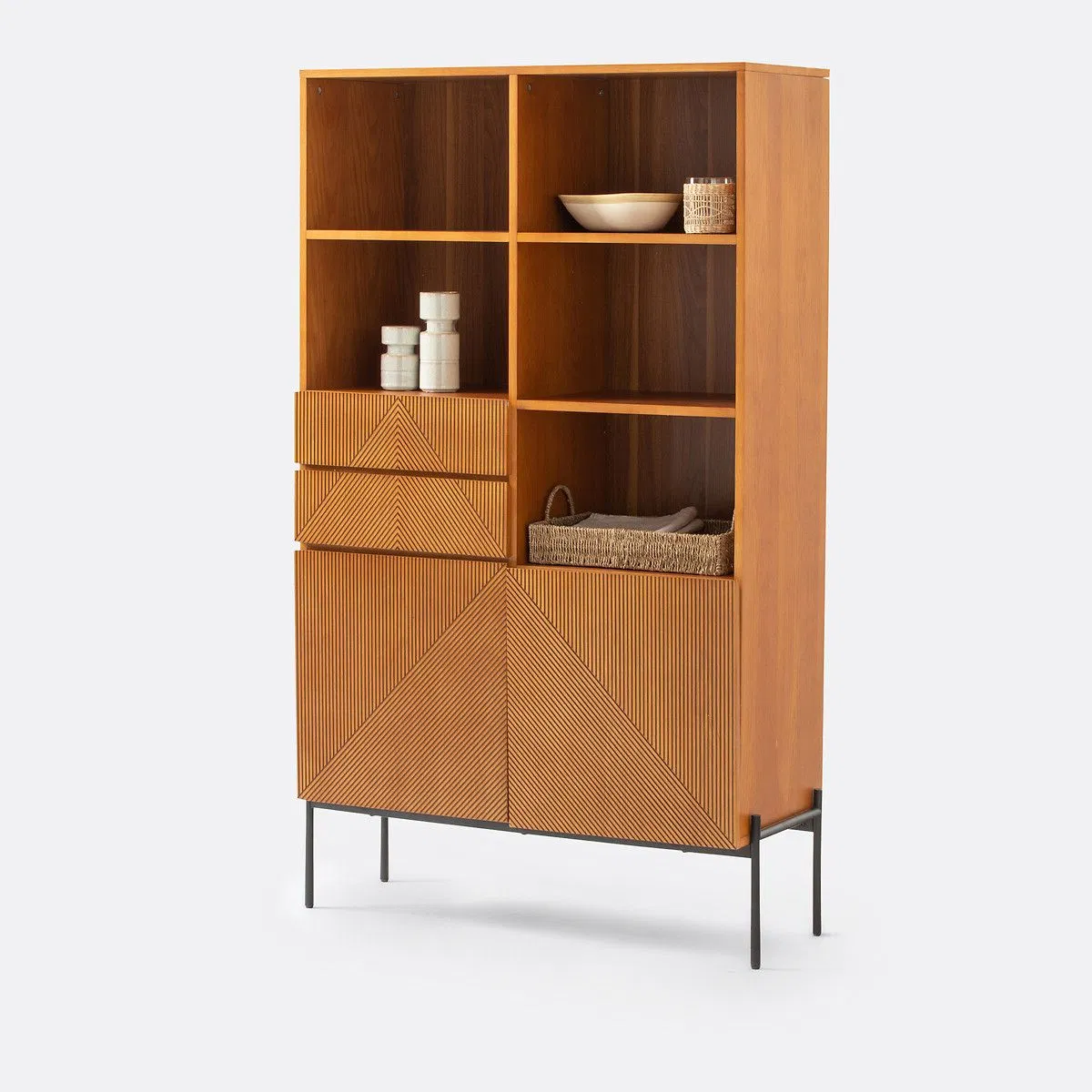 Elegant Display &amp; Storage Unit Constructed From Solid Wood with Handcrafted Rattan Fronts &amp; Clean Lines for Luxurious Living Room or Office