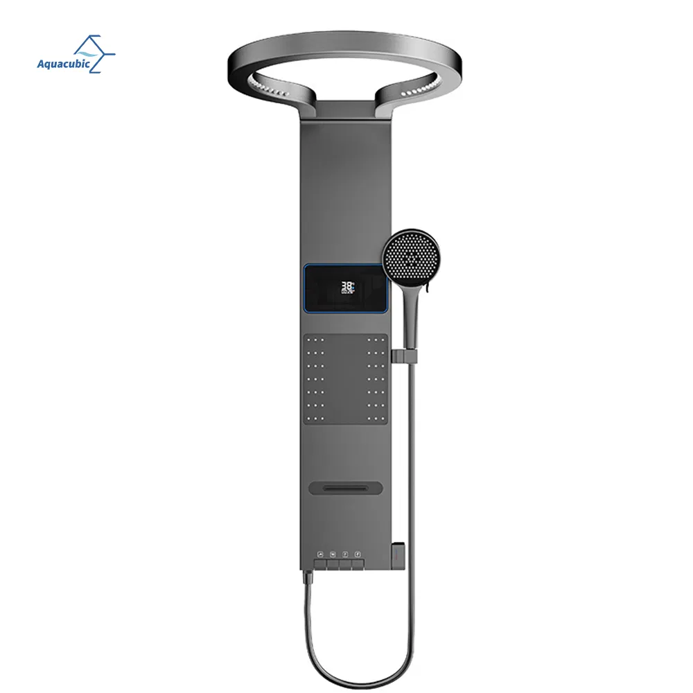 Premium Grey Aluminum Shower Tower - Wall Mounted Rainfall System with LED &amp; Waterfall Jets