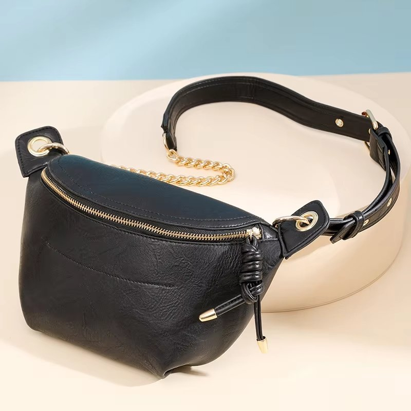Wholesale Women's Fashion Faux Leather Waist Bag Brown Chain Adjustable Strap Stylish Bum Bag for Daily Use European American Retro Style Zipper Closure