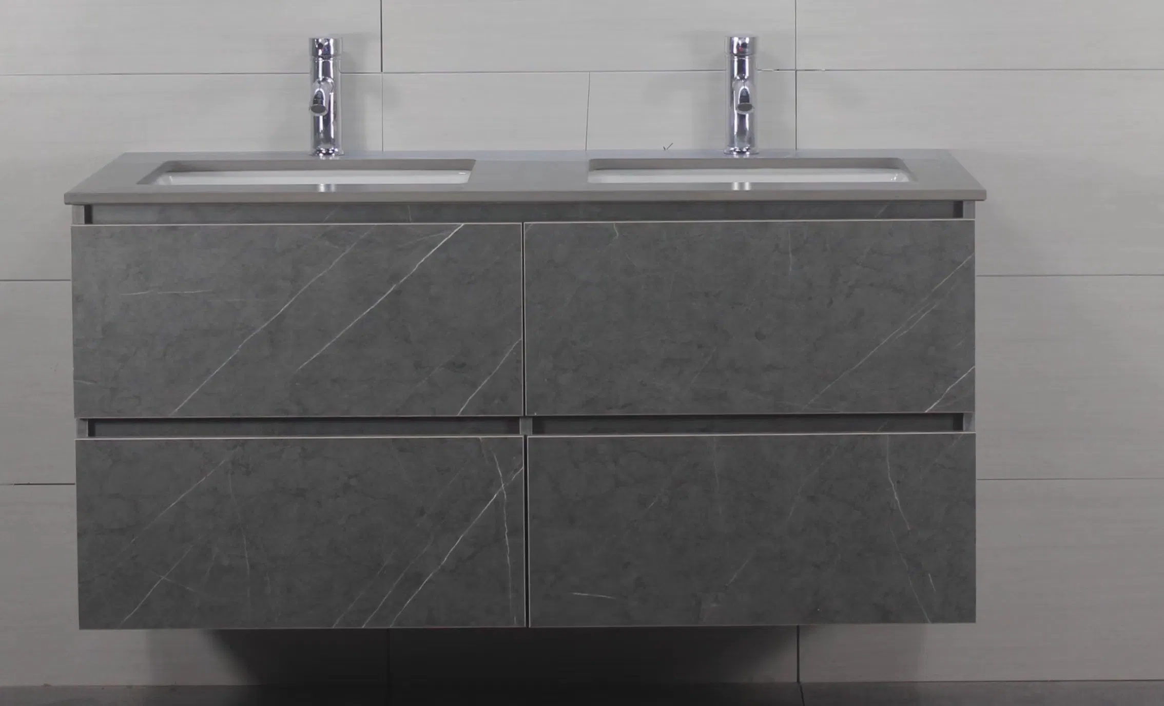 2024 New Arrival Modern Gray Sintered Stone Bathroom Vanity LED Mirror Cabinet Combo