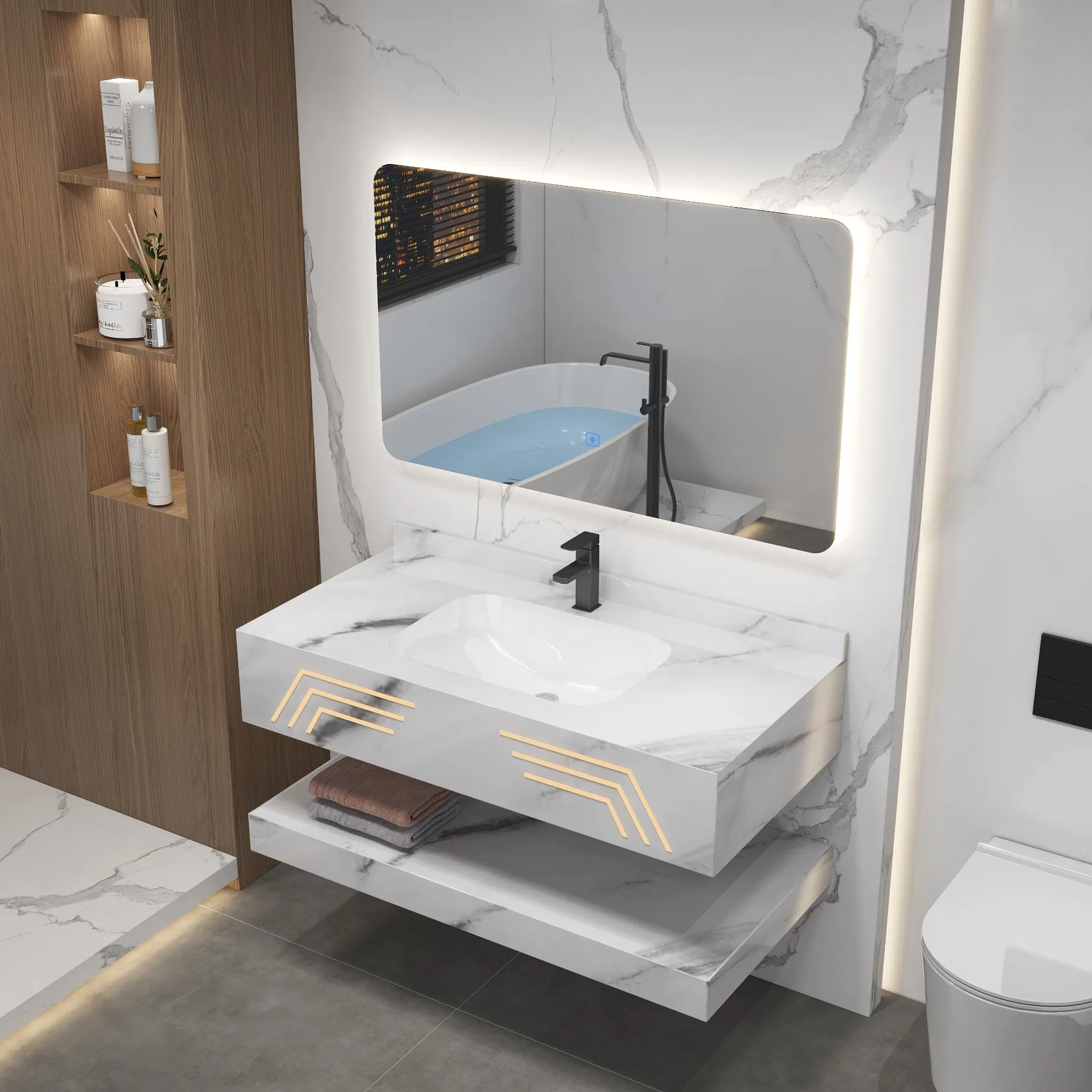 Modern Popular Design Rock Plate Mirror Sink Bath Cabinets Floating Bathroom Vanity