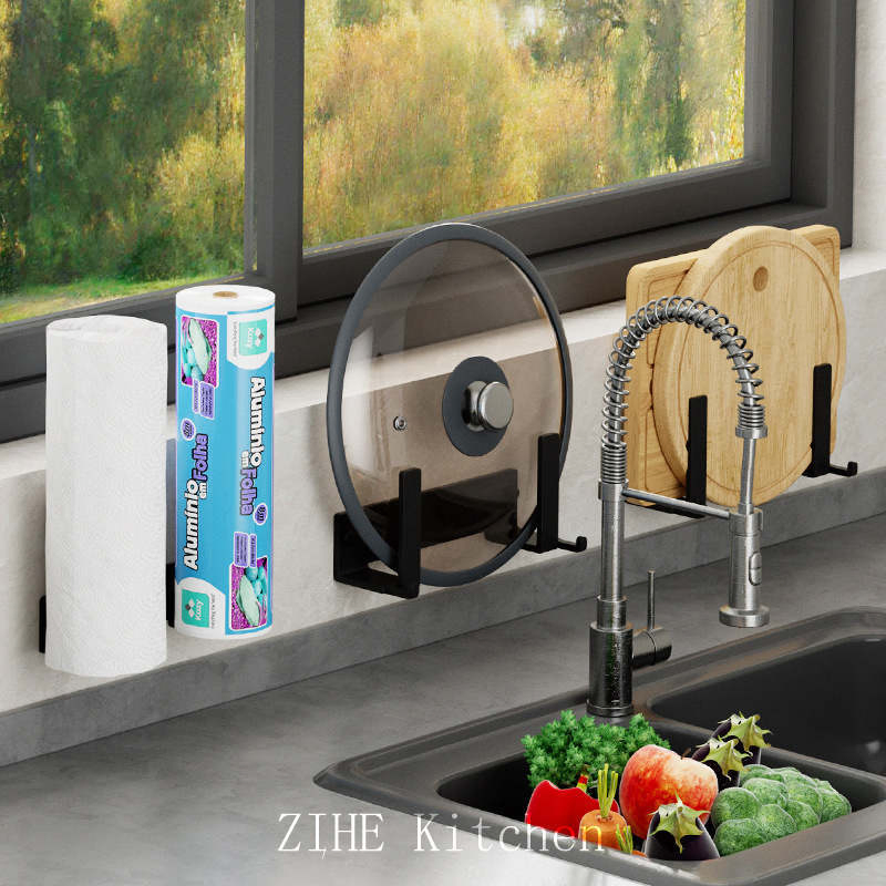 Kitchen Pot Lid Rack Wall Mounted No-Punch Shelf Cutting Board Storage Rack