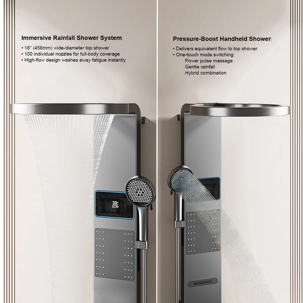 Premium Grey Aluminum Shower Tower - Wall Mounted Rainfall System with LED &amp; Waterfall Jets