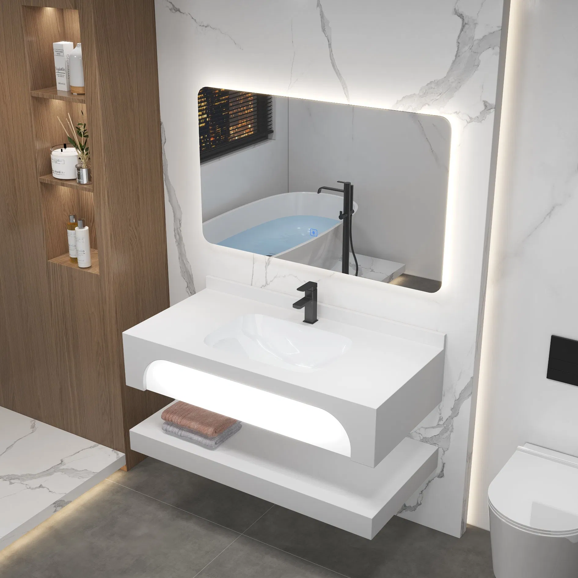 Modern Popular Design Rock Plate Mirror Sink Bath Cabinets Floating Bathroom Vanity