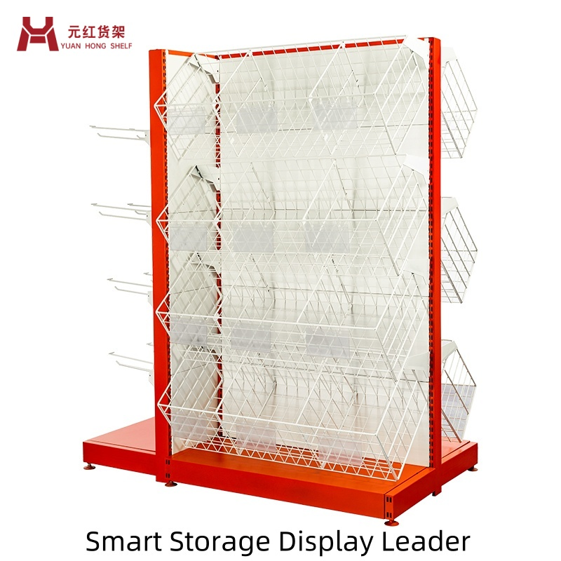Double-Sided L-Shaped Basket Shelving Unit for Retail Display with Slanted Design and Modular Assembly
