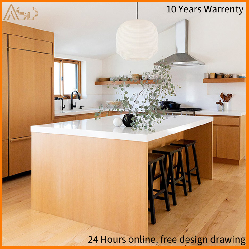 Custom Rustic Style Storage Cabinet Shaker Stained Cherry Modern Kitchen Cabinet with Conceals Refrigerator