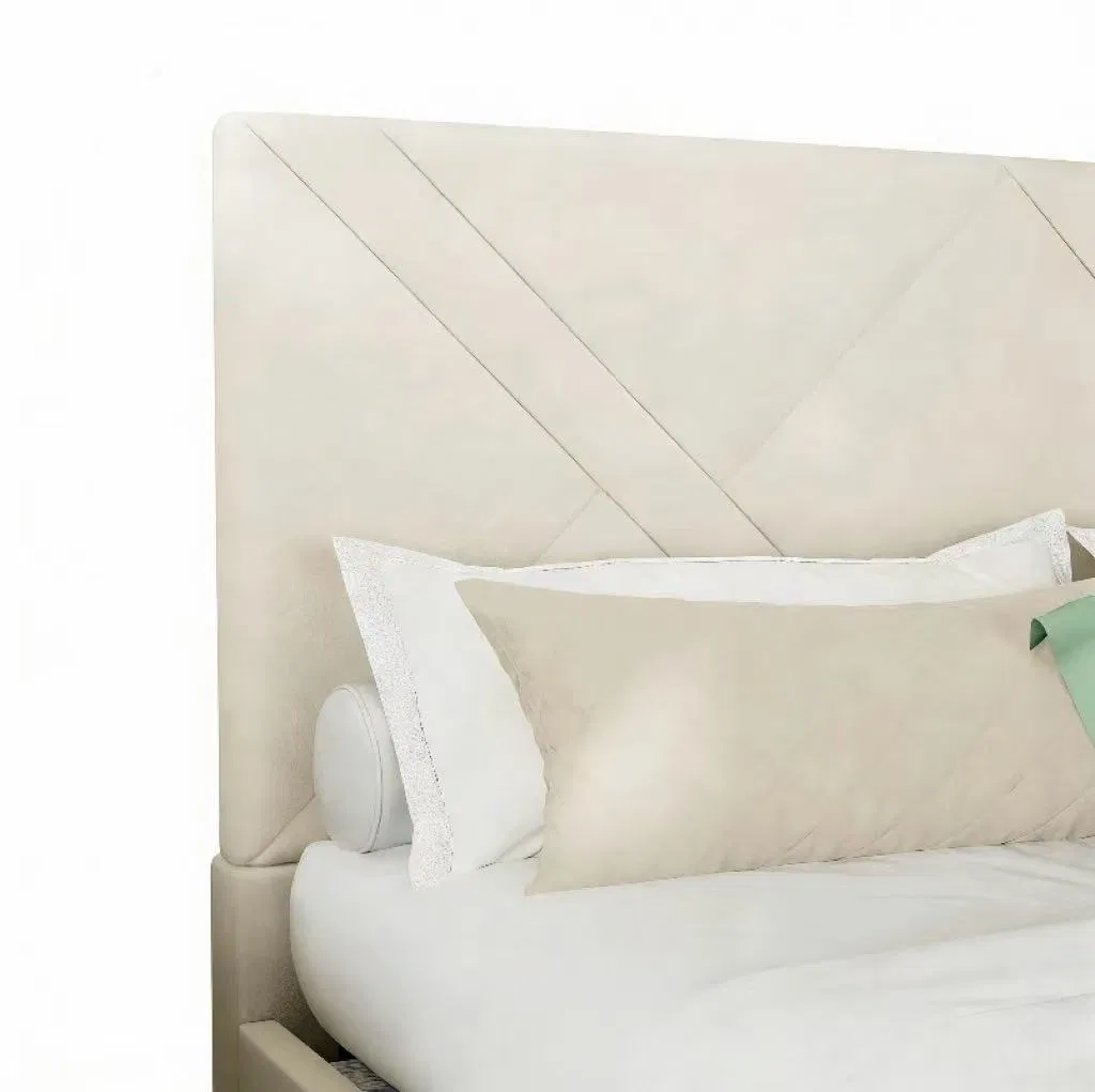 Minimalist Double Bed with Beige Leather Vertical Strip Upholstery