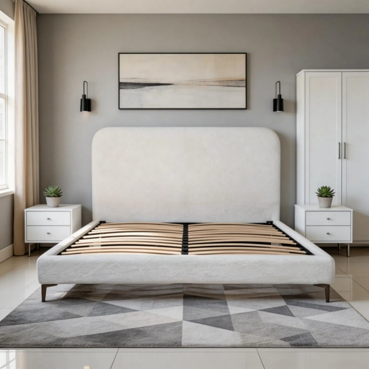 Sophisticated Textured Upholstered Bed Blends Soft Fabric with Sleek Structural Elements