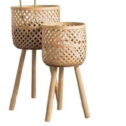 Outdoor Decorative Flower Pot Stands Natural Bamboo Rattan Planter Stands Garden Accessories