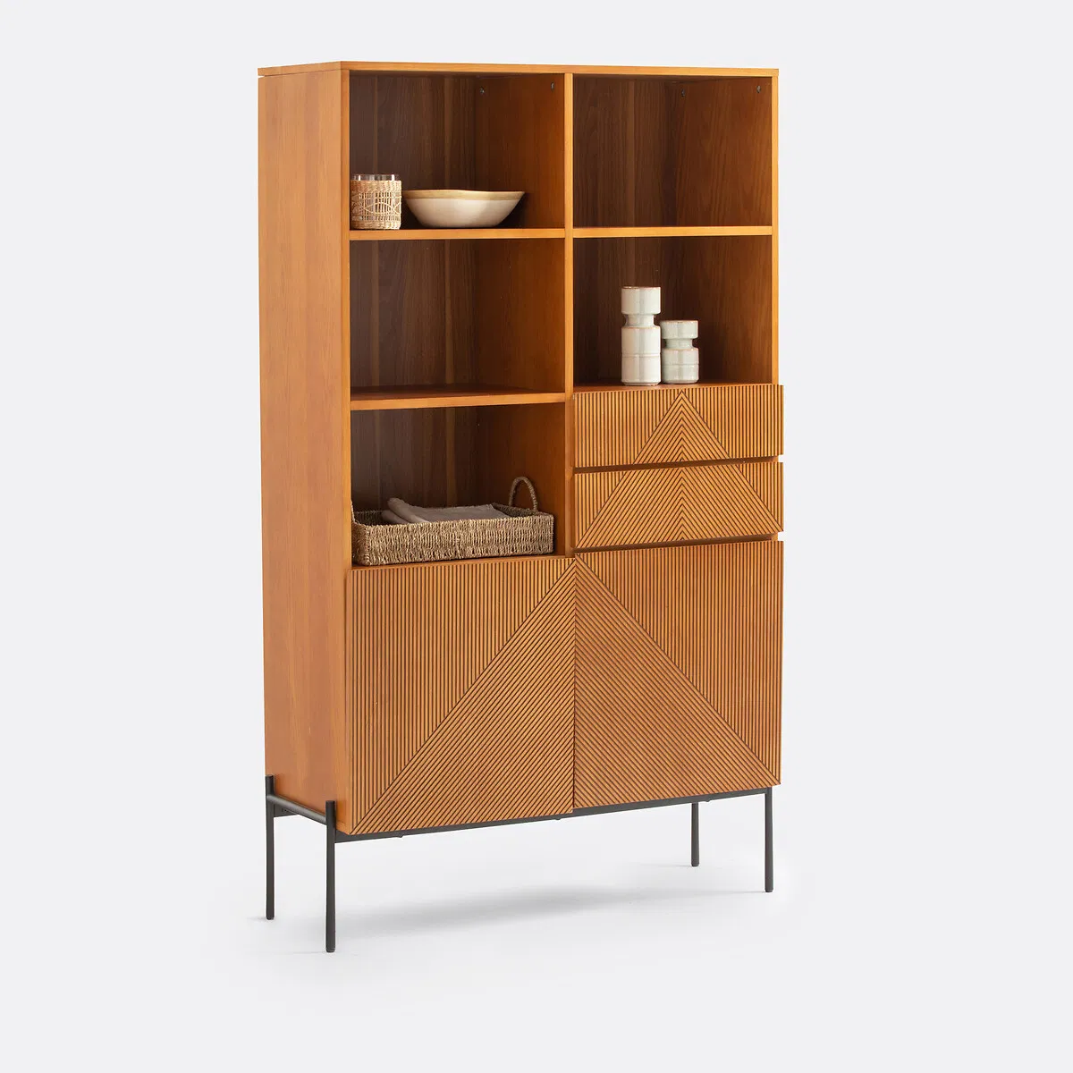 Scandinavian Open Display Storage Shelf Unit Made of Solid Wood with Natural Oak Finish &amp; Woven Rattan Baskets for Modern Apartment or Study Organization