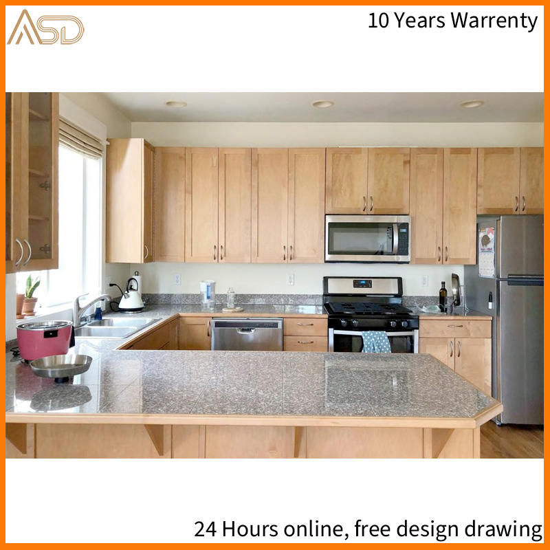 Custom Rustic Style Storage Cabinet Shaker Stained Cherry Modern Kitchen Cabinet with Conceals Refrigerator