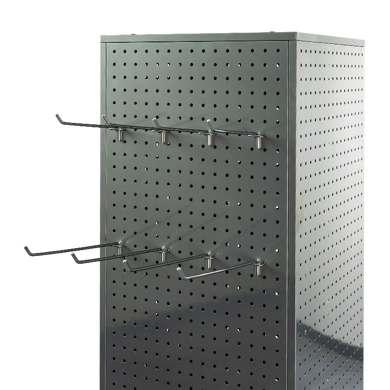 Slim Profile 4-Sided Pegboard Display Unit for Narrow Aisles and Small Retail Spaces with Minimal Footprint