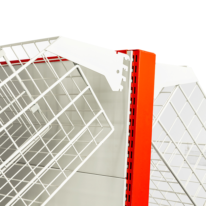 Double-Sided L-Shaped Basket Shelving Unit for Retail Display with Slanted Design and Modular Assembly