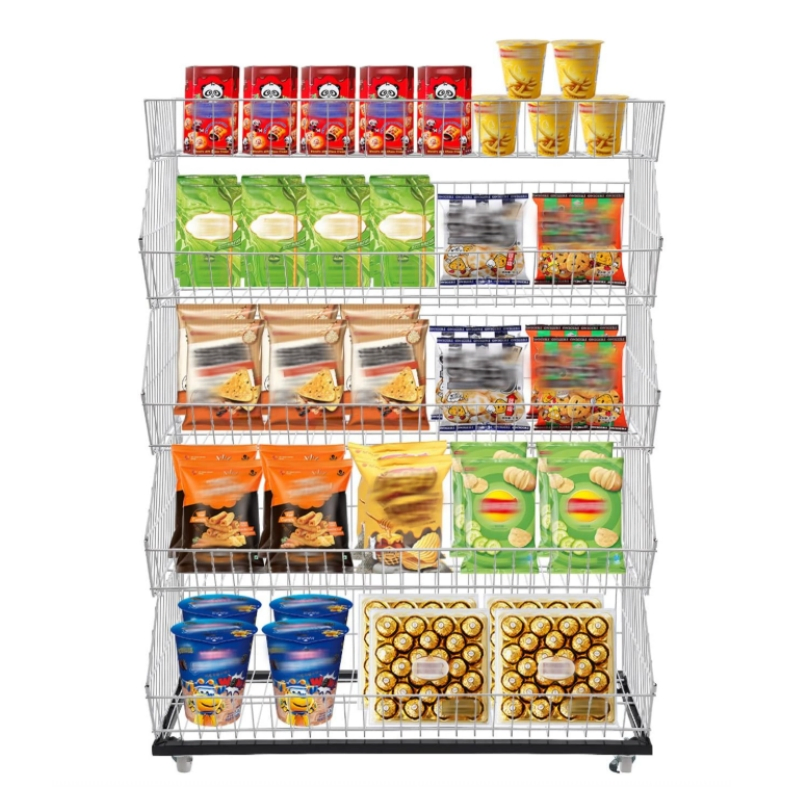 Metal Four-Tier Beveled Basket Bakery Shelving Unit for Supermarkets and Convenience Stores