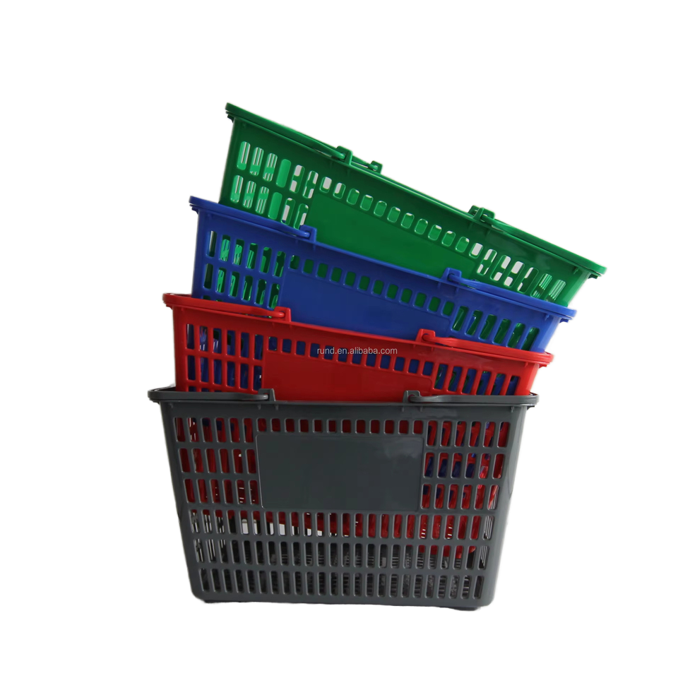 RD 30L 32L Single-Sided Supermarket Shelves Light Duty Shopping Basket Red Blue Green Plastic Metallic Finish Retail Store