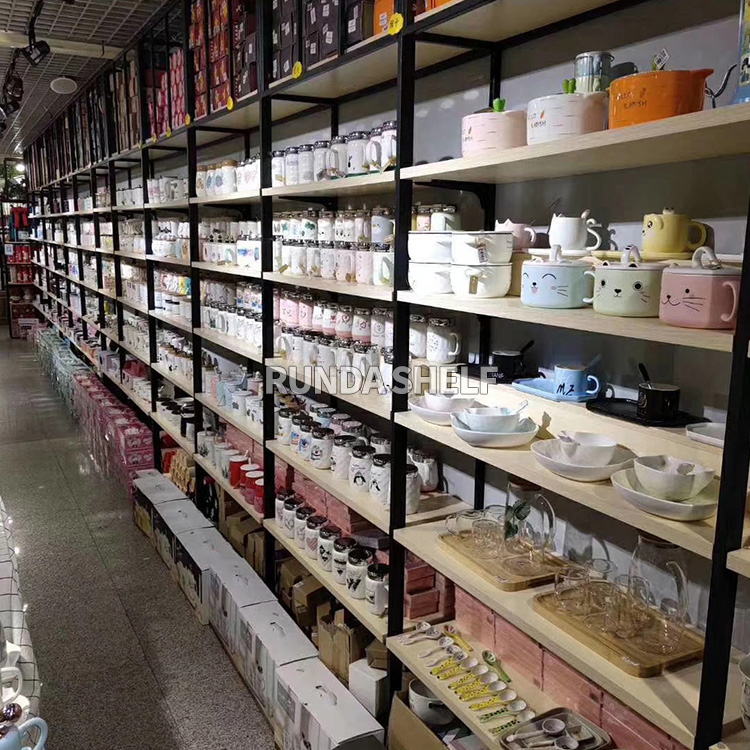 Double-Sided Light Duty Wooden Shelves with Metallic Material Single-Sided Supermarket Rack for Display RZ Metal & Steel