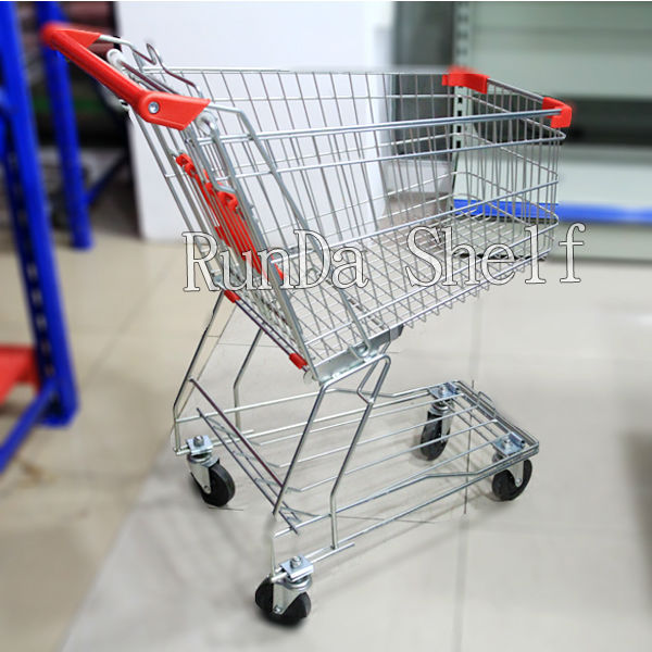 Supermarket Shopping Cart Trolley Metal 80L Capacity Silver+Red Color Unfolding Style Hand Push Trolley for Store Use
