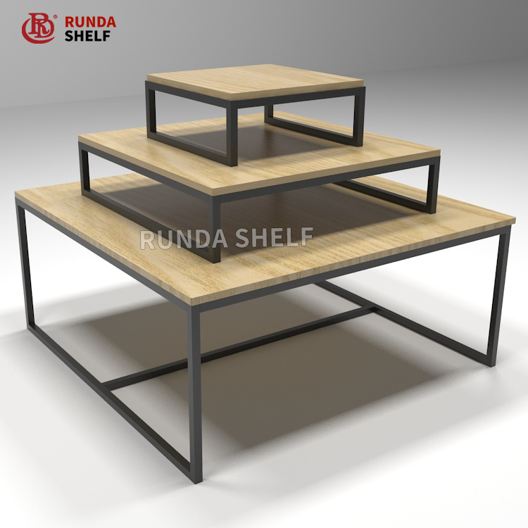 Supermarket Rack 3-Layer Heavy Duty Display Table Single-Sided Promotion Stand in Wood and Steel for Promotions