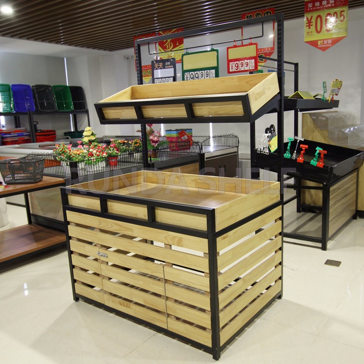 Light Duty Wooden Vegetable Stand Supermarket Storage Rack for Fruit Vegetable Display Single-Sided Iron Plastic Display Shelf