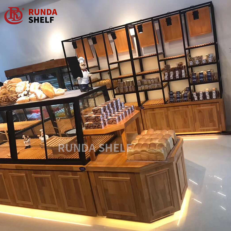 FV-05 Supermarket Bakery Showcase Rack Wooden Bread Display Shelf 800-1000mm Metal and Metallic Material