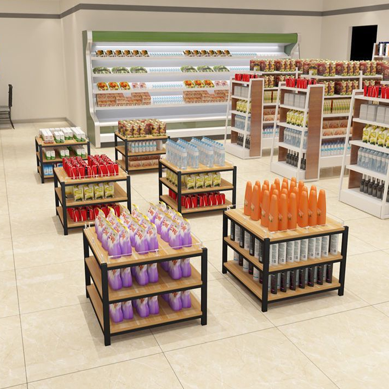 Supermarket Promotion Stack Display Shelf Chemical Washing Stack Head Rack Daily Steel and Wood Shelves Milk, Grain and Oil