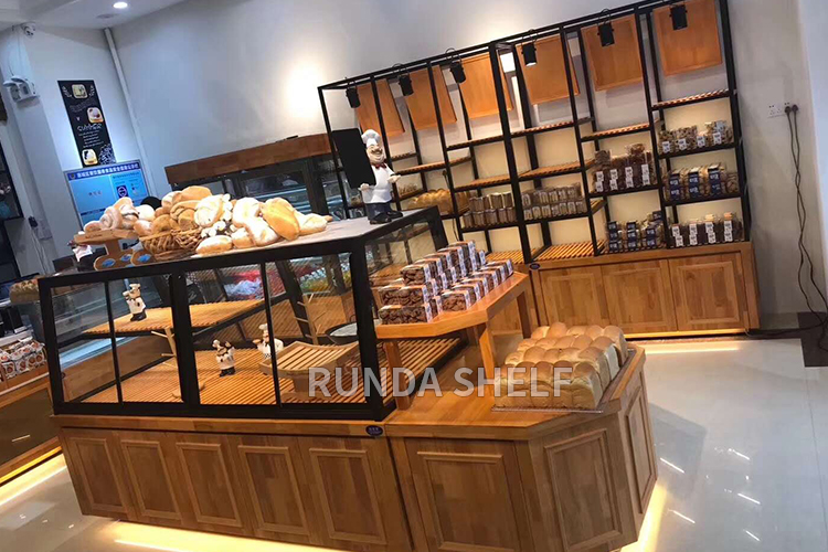 FV-05 Supermarket Bakery Showcase Rack Wooden Bread Display Shelf 800-1000mm Metal and Metallic Material